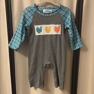 Marie Nicole Gray Romper with Blue Patterned Sleeves